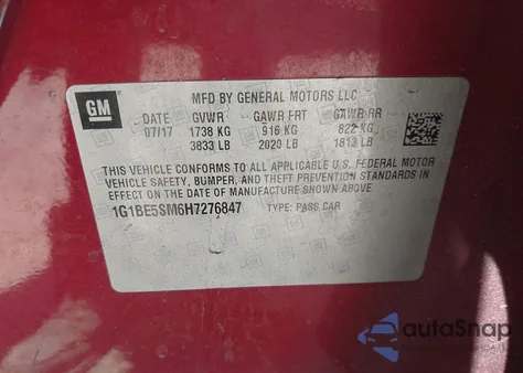 2017 Chevrolet Cruze Lt Auto from USA, damaged, VIN 1G1BE5SM6H7276847